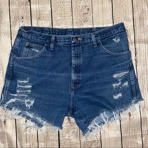 Custom made, upcycled distressed jean shorts 38”